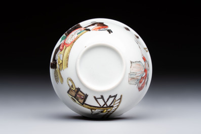 An extremely rare Chinese famille rose 'L'Apoticaire Charitable' cup and saucer, Yongzheng/Qianlong