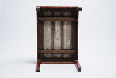 A Chinese qianjiang cai &lsquo;Mountainous Landscape&rsquo; plaque-inset hongmu low table , 19/20th C.