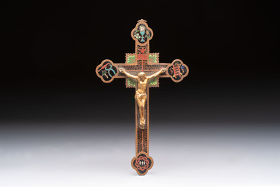 Four Chinese cloisonn&eacute; crucifixes and a holy water font, 19th C.