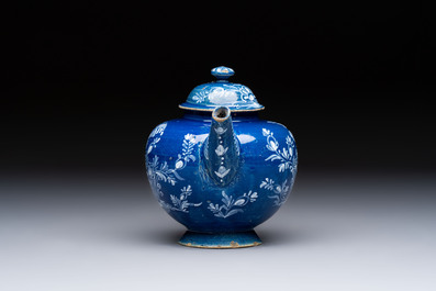 A Nevers white-decorated blue-ground faience teapot and cover, France, 18th C.