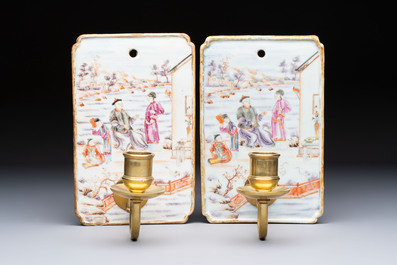 A pair of Chinese Canton famille rose 'Mandarin Subject' wall sconces, Qianlong