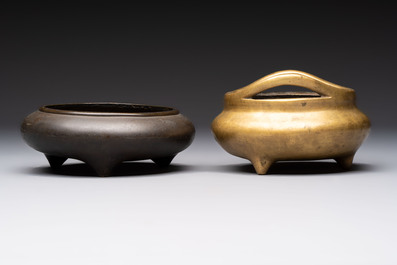 Two Chinese bronze tripod censers, Xuande and double-vajra mark, 19th C.