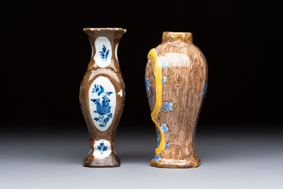 Two blue and white Dutch Delft capucin-brown-ground vases, 18th C.