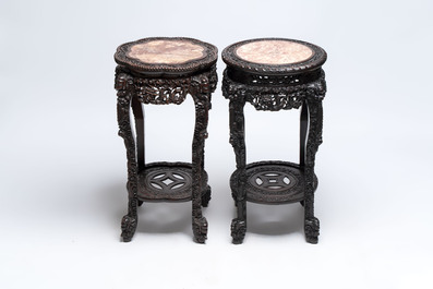 Two finely carved Chinese marble-topped hongmu stands, 19th C.
