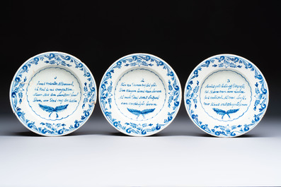 A set of 12 blue and white Dutch Delft 'Proverb' plates, 18th C.