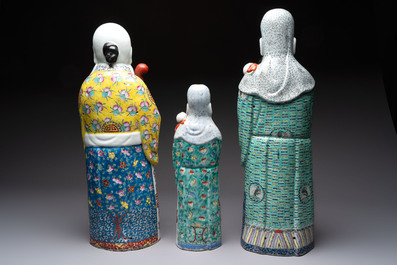 Three Chinese famille rose figures of the star gods, Mao Ji Sheng 茂記生 and You Long Sheng 游隆盛 mark, 19/20th C.