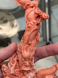 A Chinese carved red coral 'dragon' group, 19/20th C.