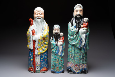 Three Chinese famille rose figures of the star gods, Mao Ji Sheng 茂記生 and You Long Sheng 游隆盛 mark, 19/20th C.