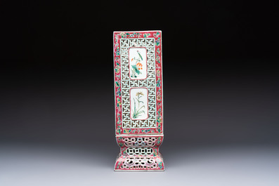 A fine Chinese famille rose reticulated square lantern with a stand, 19th C.