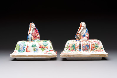 Five Chinese blue, white, famille rose and wucai covers, Kangxi and later