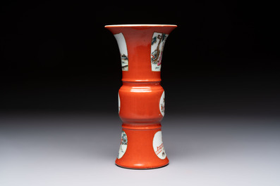 A Chinese famille rose coral-ground 'Gu' vase and a pair of 'Fu Lu Shou 福祿壽' bowls, Qianlong and Guangxu marks, 19th C.