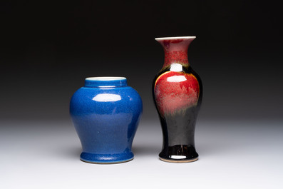 A Chinese blue-glazed jar and a flamb&eacute;-glazed vase, 19/20th C.