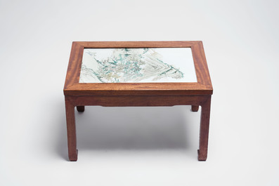 A Chinese qianjiang cai &lsquo;Mountainous Landscape&rsquo; plaque-inset hongmu low table , 19/20th C.