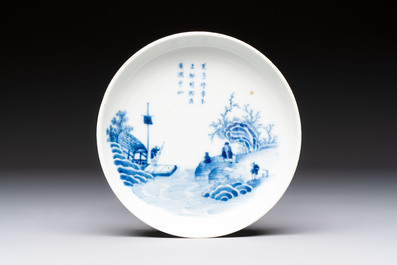 A Chinese blue and white 'Bleu de Hue' waterpipe and a 'Poem' plate for the Vietnamese market, chơi ngọc 玩玉 mark, 19th C.