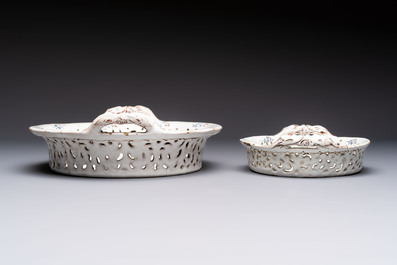 Two reticulated Brussels faience 'A la Haie Fleurie' baskets and a sauce boat, 18th C.