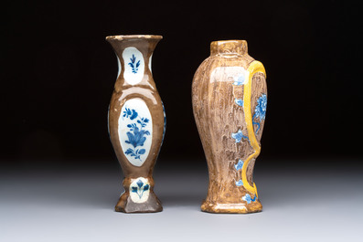 Two blue and white Dutch Delft capucin-brown-ground vases, 18th C.