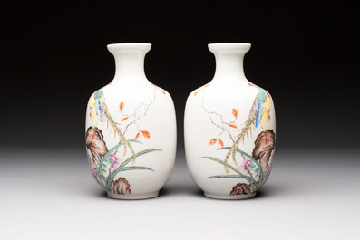 A pair of Chinese famille rose 'Pheasants' vases, Qianlong mark, Republic