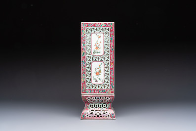 A fine Chinese famille rose reticulated square lantern with a stand, 19th C.