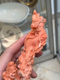 A Chinese carved red coral 'dragon' group, 19/20th C.