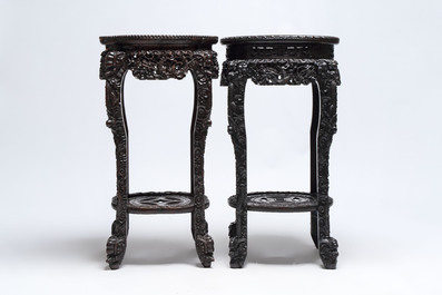 Two finely carved Chinese marble-topped hongmu stands, 19th C.