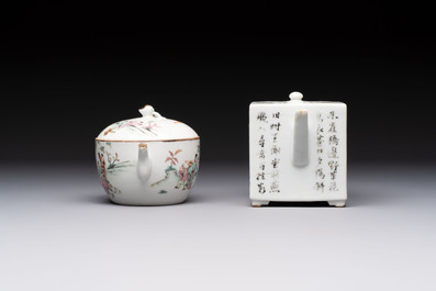 Two Chinese famille rose teapots and covers, signed Yun Xuan Shi 雲軒氏, Guanyao and Tongzhi mark, dated 1888, 19th C.