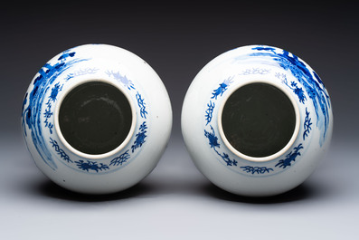 A pair of Chinese blue and white vases and a famille rose covered vase, 19th C.