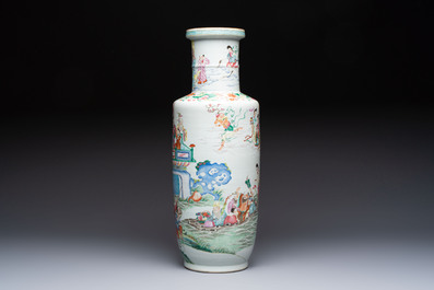A Chinese famille rose 'Qun Xian Zhu Shou 群仙祝壽' rouleau vase, Qianlong mark, 19th C.