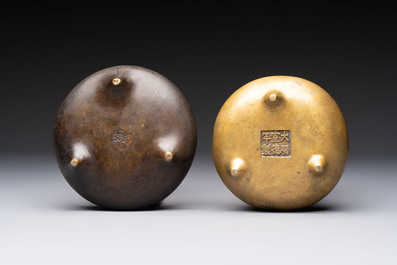 Two Chinese bronze tripod censers, Xuande and double-vajra mark, 19th C.