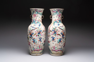 A pair of Chinese Nanking famille rose vases with narrative design, Chenghua mark, 19th C.