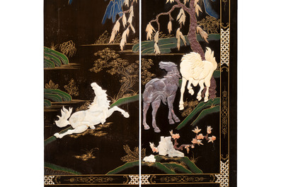 A Chinese precious-stone-inset gilt-lacquered four-panel 'Ba Jun Tu 八骏图' folding screen, 20th C.