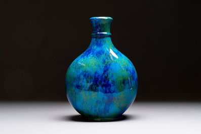 Paul Millet (1870-1950) for S&egrave;vres: A fine blue, turquoise and yellow flamb&eacute;-glazed bottle vase, late 19th C.