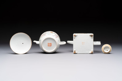 Two Chinese famille rose teapots and covers, signed Yun Xuan Shi 雲軒氏, Guanyao and Tongzhi mark, dated 1888, 19th C.