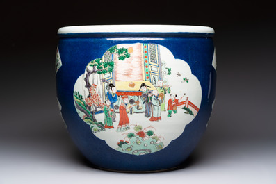 A Chinese famille verte blue-ground fishbowl with narrative design, 19th C.