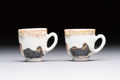 A pair of rare Chinese gilt- and silver-decorated grisaille and iron-red miniature 'Horse' cups, Yongzheng/Qianlong