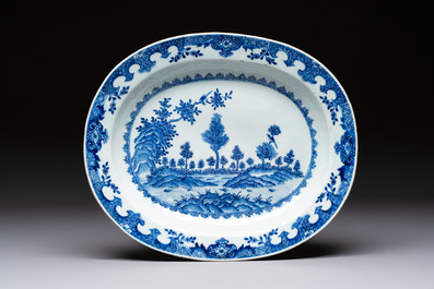 Two Chinese blue and white chargers with floral and landscape design, Qianlong