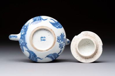 A pair of Chinese famille verte covered jars, a Tieguai Li figure, a blue and white teapot and a biscuit saucer, Kangxi and Qing Yu Tang mark, 19th C.