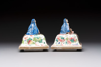Five Chinese blue, white, famille rose and wucai covers, Kangxi and later