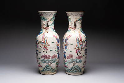 A pair of Chinese Nanking famille rose vases with narrative design, Chenghua mark, 19th C.