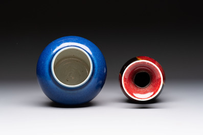 A Chinese blue-glazed jar and a flamb&eacute;-glazed vase, 19/20th C.