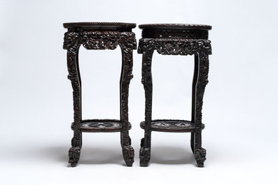 Two finely carved Chinese marble-topped hongmu stands, 19th C.