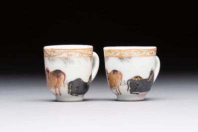 A pair of rare Chinese gilt- and silver-decorated grisaille and iron-red miniature 'Horse' cups, Yongzheng/Qianlong