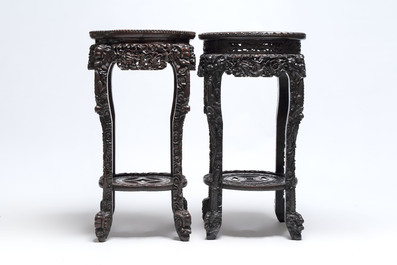 Two finely carved Chinese marble-topped hongmu stands, 19th C.