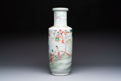 A Chinese famille rose 'Qun Xian Zhu Shou 群仙祝壽' rouleau vase, Qianlong mark, 19th C.