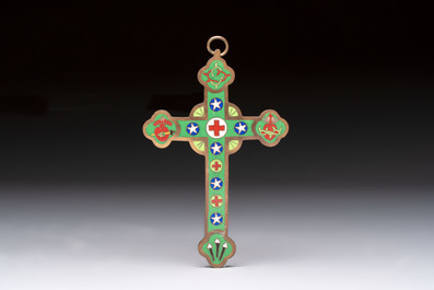 Four Chinese cloisonn&eacute; crucifixes and a holy water font, 19th C.