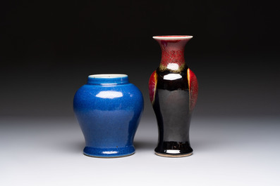 A Chinese blue-glazed jar and a flamb&eacute;-glazed vase, 19/20th C.