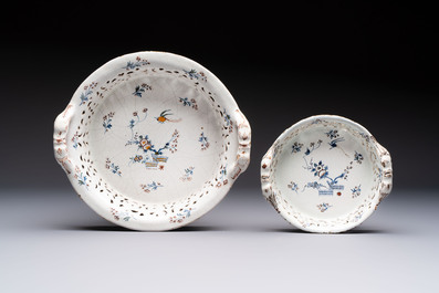 Two reticulated Brussels faience 'A la Haie Fleurie' baskets and a sauce boat, 18th C.