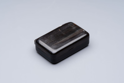 Two Chinese soapstone seals with an original buffalo-horn box, Ignace 依溺斯 mark, 20th C.