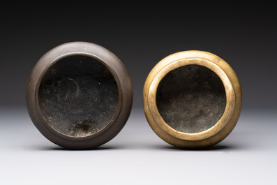 Two Chinese bronze tripod censers, Xuande and double-vajra mark, 19th C.