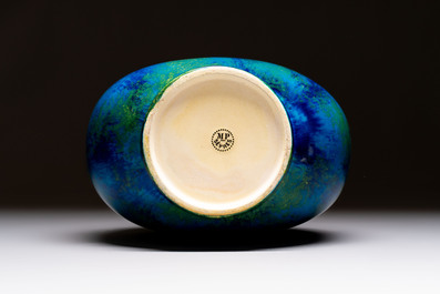 Paul Millet (1870-1950) for S&egrave;vres: A fine blue, turquoise and yellow flamb&eacute;-glazed bottle vase, late 19th C.
