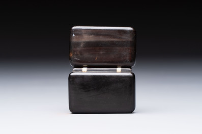 Two Chinese soapstone seals with an original buffalo-horn box, Ignace 依溺斯 mark, 20th C.